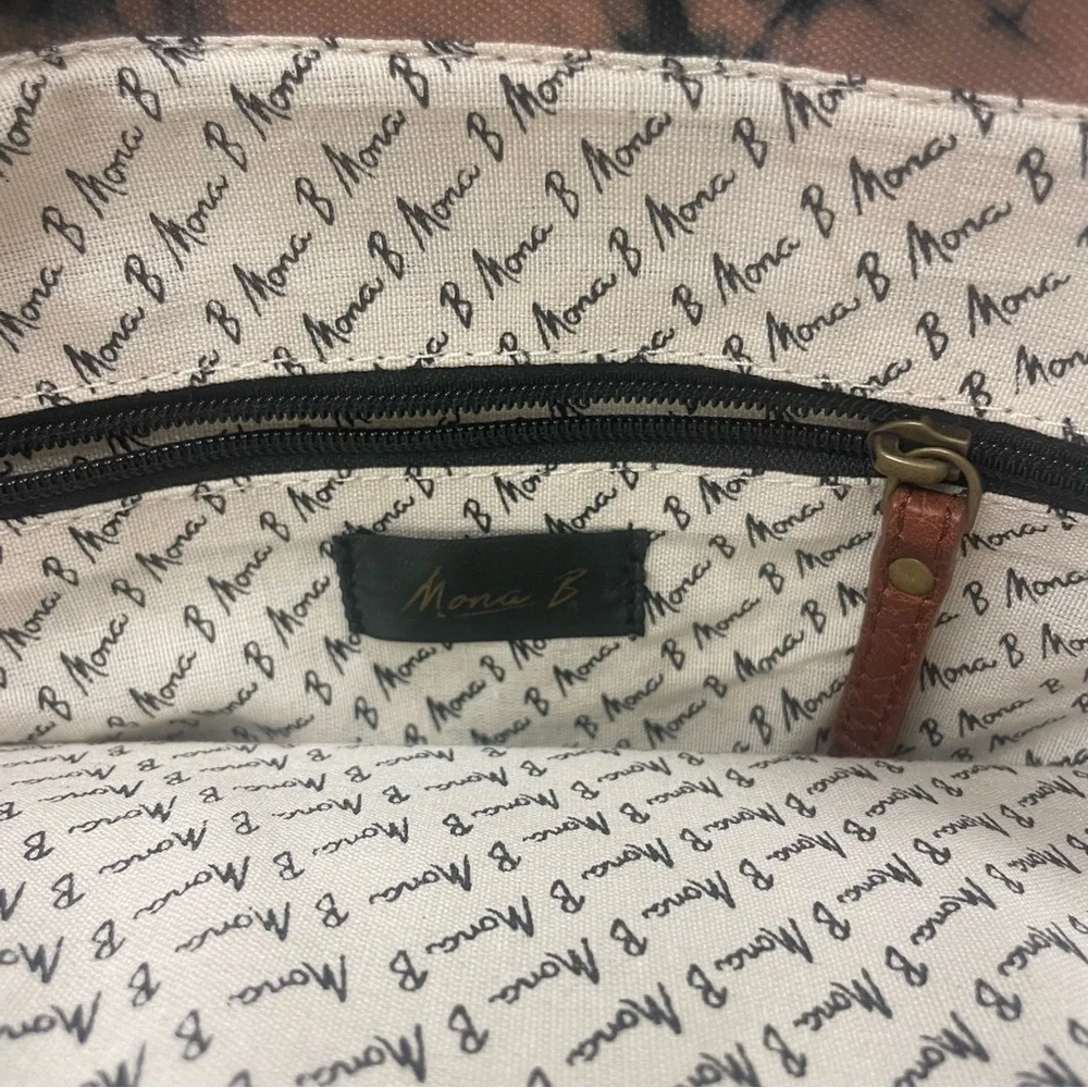NWOT Mona B Leather and Canvas Messenger Laptop Tote Brown Navy Bag